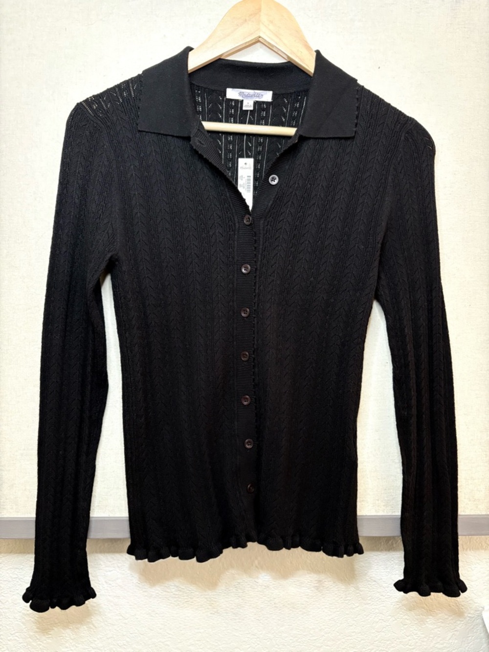 Madewell Black Ruffle Trim Pointelle Cardigan